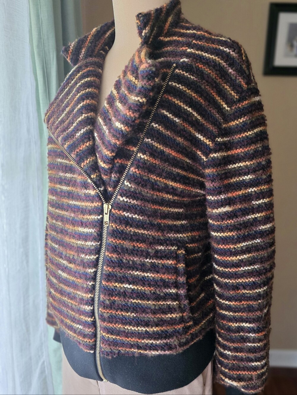 Striped Wool Blend Asymmetrical Zip Moto Sweater Jacket Chunky Knit Made USA XS